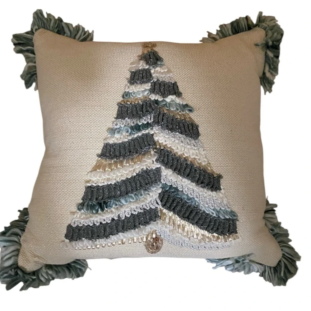 3D Yarn Knit Woven Tassel Christmas Tree Sage Green Decorative Pillow 18”x18”